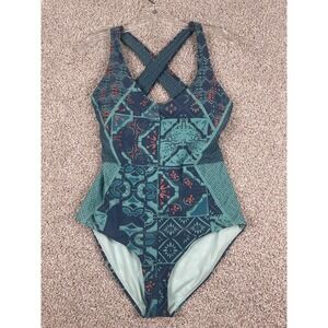 prAna‎ Ella One Piece Bathing Swimsuit UPF 50+ Blue Open Back Womens Sz Medium
